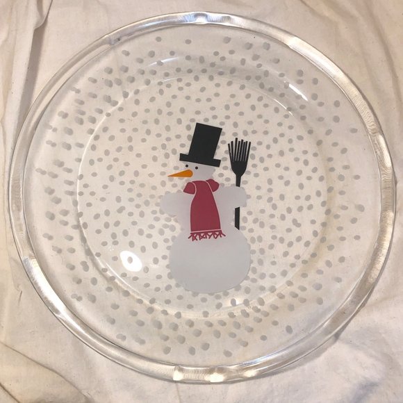 Set of 2 BODUM Glass 10" Winter Holiday Snowman Dinner Plates ~ Christmas Snow - Picture 2 of 6